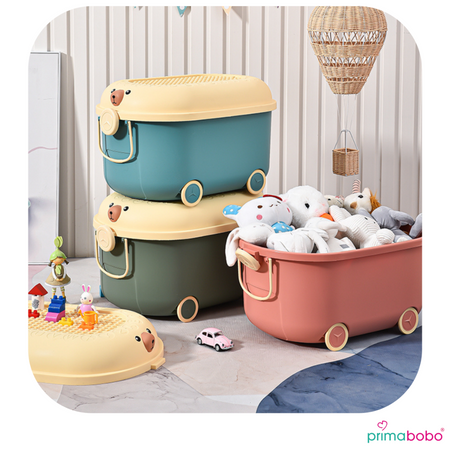 Conteneur à jouets avec couvercle 45 L, grand plastique, sur roulettes avec poignée