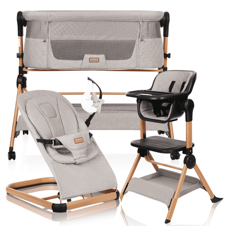 Ensemble : Lit parapluie VERA 3-en-1 - chaise haute + chaise à bascule LEO, Stone Beige